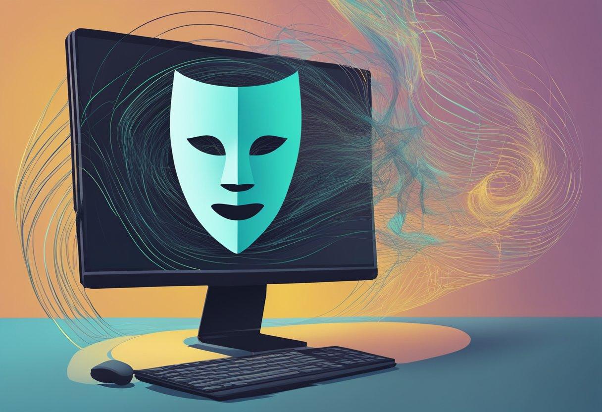 Çevrimiçi anonimliğin belirsizliğini temsil eden maskeli bir yüz ve soru işareti olan, dönen çizgilerle çevrili bir bilgisayar ekranı